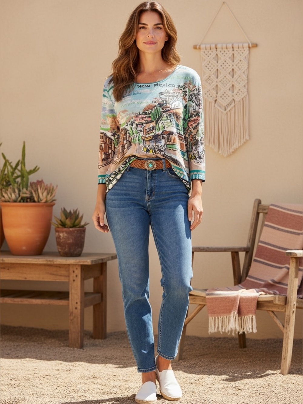 Allison Daley Petite XL New Mexico Scenic Jeweled‎ Knit Top 3/4 Sleeve Southwest